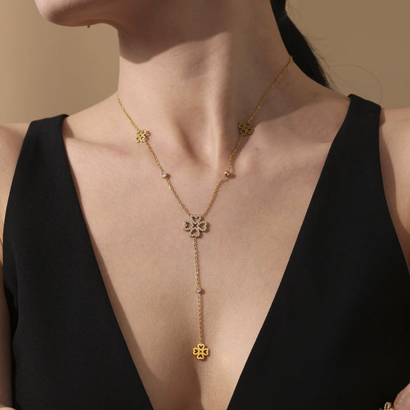 Wholesale Love Lucky Fourleaf Flower Tassel Collarbone Necklace And Bracelet Set In Stainless Steel With Electroplating For Women