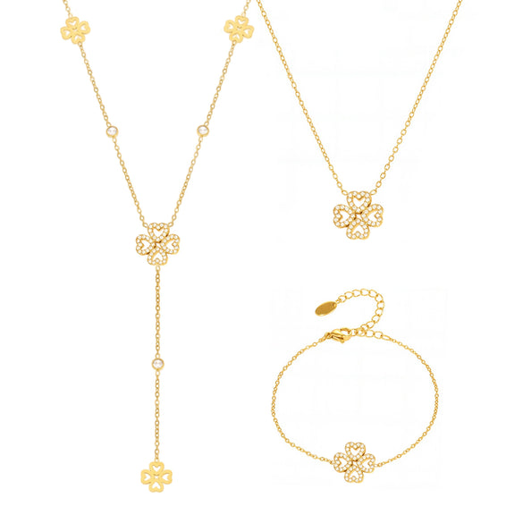 Wholesale Love Lucky Fourleaf Flower Tassel Collarbone Necklace And Bracelet Set In Stainless Steel With Electroplating For Women