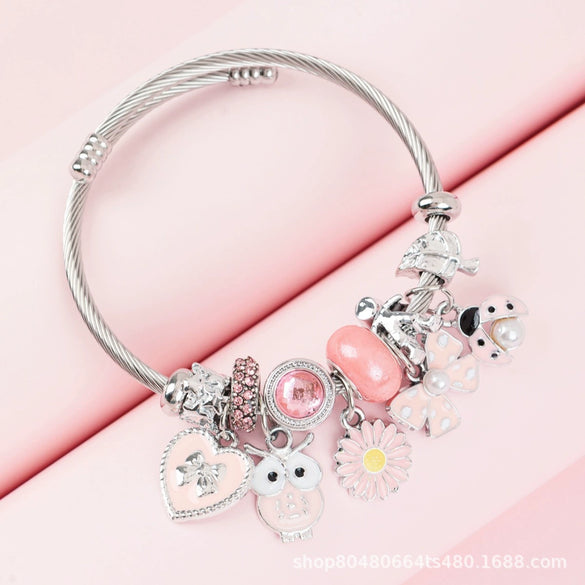 Wholesale Lovely Animal Style Stainless Steel Electroplated Beaded Bracelet With Multielement Oil Drop Rhinestone Jewelry Accessories