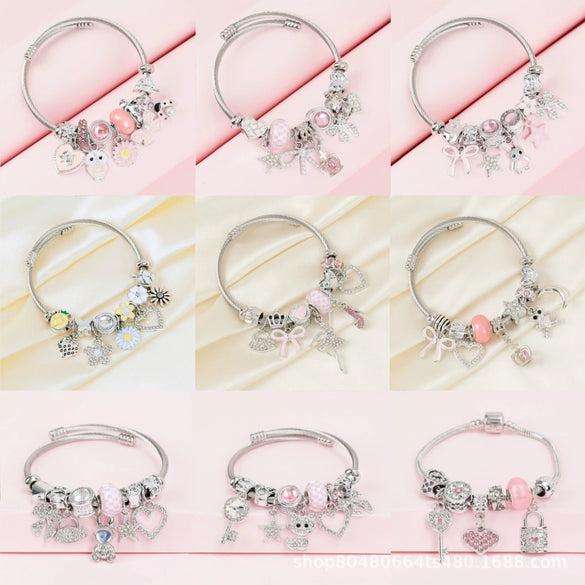 Wholesale Lovely Animal Style Stainless Steel Electroplated Beaded Bracelet With Multielement Oil Drop Rhinestone Jewelry Accessories