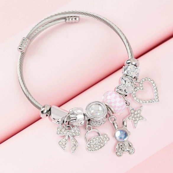 Wholesale Lovely Animal Style Stainless Steel Electroplated Beaded Bracelet With Multielement Oil Drop Rhinestone Jewelry Accessories