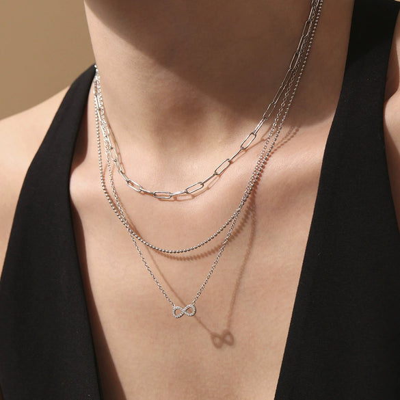 Wholesale Lucky 8 Shaped Zircon Double Layer Stainless Steel Clavicle Chain Necklace For Women With Geometric Pattern And Electroplating