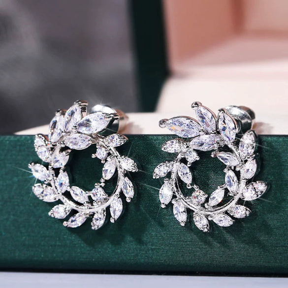 Wholesale Luxurious Copper Earrings With Microinlaid Leaf And Olive Branch And Flower Pattern