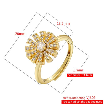 Wholesale Luxurious Shiny Petal Copper Plating Inlay 18K Gold Plated Zircon Open Rings