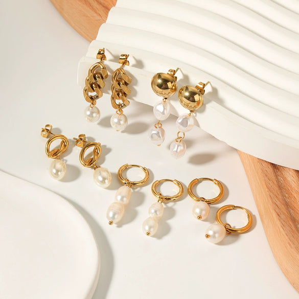 Wholesale Luxury Baroque Natural Freshwater Pearl Earrings 18K Gold Plated Titanium Steel With Geometric Styling For Women