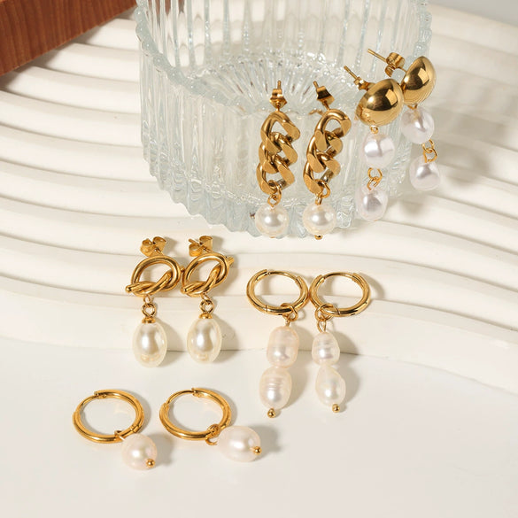 Wholesale Luxury Baroque Natural Freshwater Pearl Earrings 18K Gold Plated Titanium Steel With Geometric Styling For Women