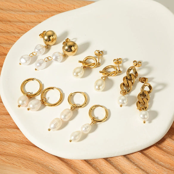 Wholesale Luxury Baroque Natural Freshwater Pearl Earrings 18K Gold Plated Titanium Steel With Geometric Styling For Women