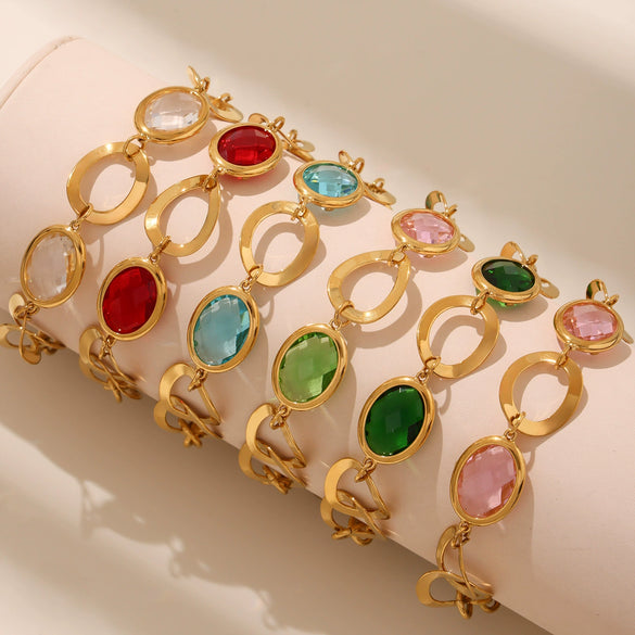 Wholesale Luxury Elegant High End Women's Geometric Flash Glass Stone Interlocking Bracelet Stainless Steel Real Gold Plated