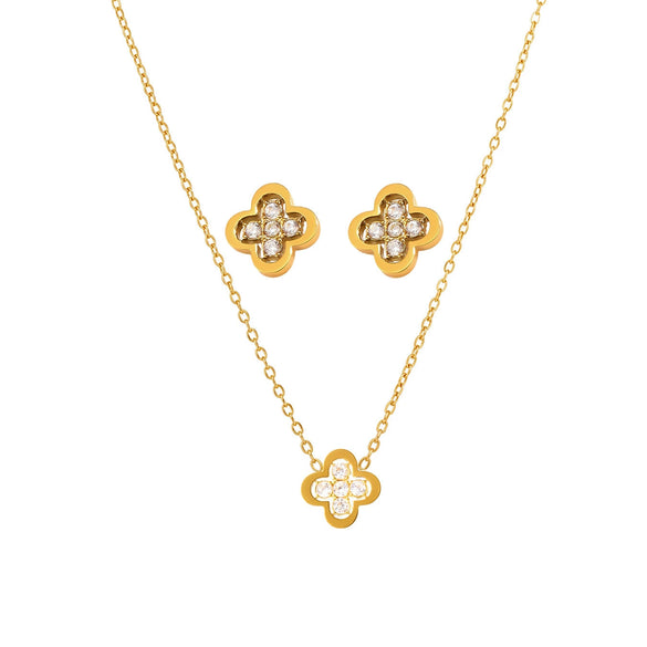 Wholesale Luxury Fashion Titanium Steel And Green Glass Fourleaf Flower Earrings And Necklace Set With Electroplating