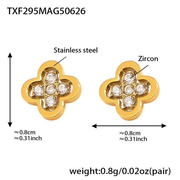 Wholesale Luxury Fashion Titanium Steel And Green Glass Fourleaf Flower Earrings And Necklace Set With Electroplating