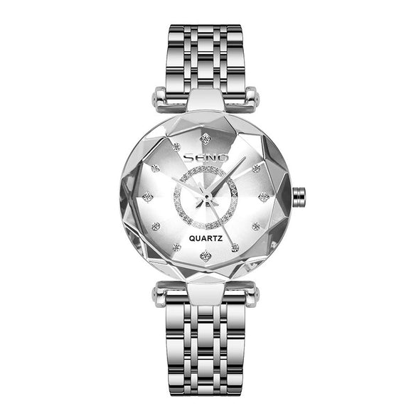 Wholesale Luxury Fashion Women's Waterproof Watch With Diamond Face And Multifaceted Mineral Strengthened Glass Mirror Stainless Steel Band And Spiral Crown