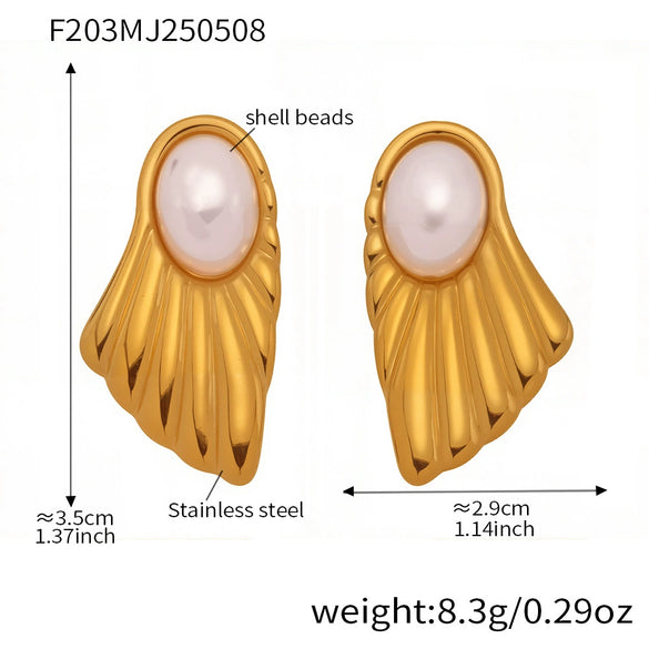 Wholesale Luxury French Retro Style Electroplated 18K Gold Stainless Steel And Shell Beads Geometric Earrings For Women