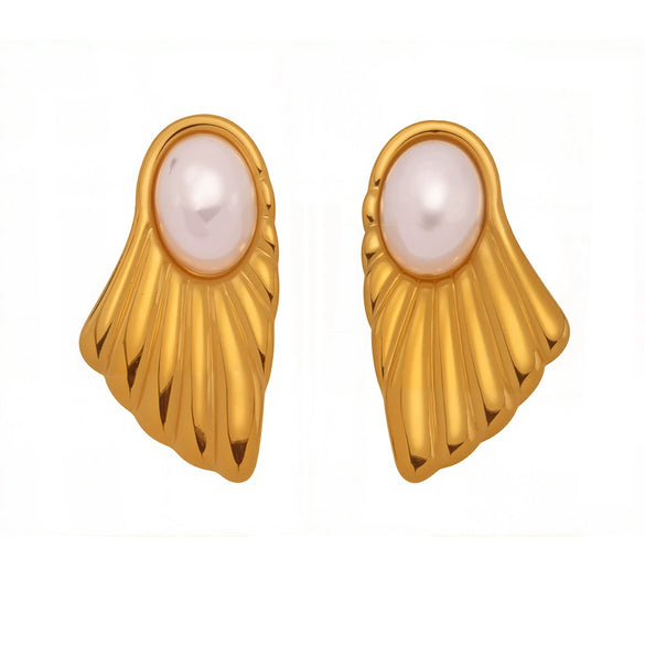 Wholesale Luxury French Retro Style Electroplated 18K Gold Stainless Steel And Shell Beads Geometric Earrings For Women