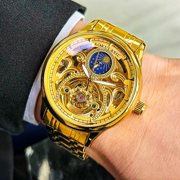 Wholesale Luxury Fully Automatic Mechanical Men's Watch With Moon Phase Function Alloy Case Stainless Steel Strap And Buckle Round Dial Mineral Reinforced Glass Mirror