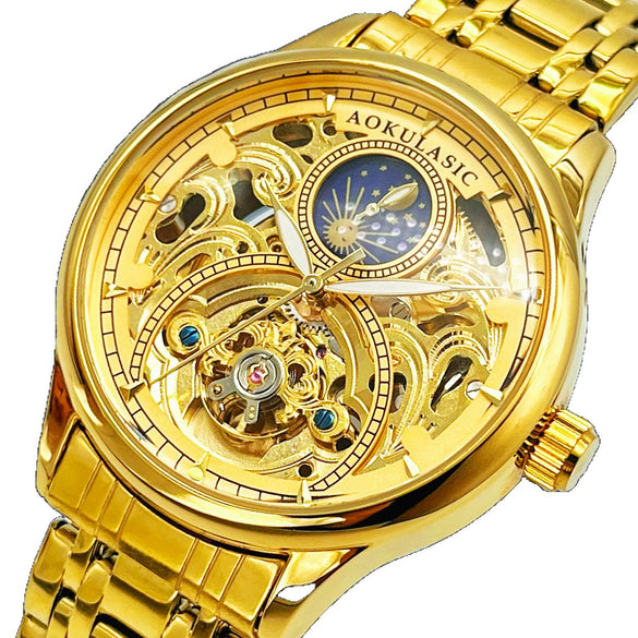 Wholesale Luxury Fully Automatic Mechanical Men's Watch With Moon Phase Function Alloy Case Stainless Steel Strap And Buckle Round Dial Mineral Reinforced Glass Mirror