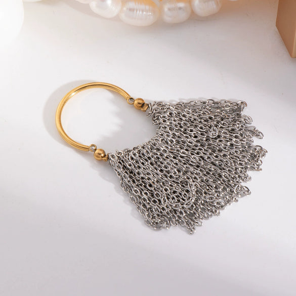 Wholesale Luxury High Grade Stainless Steel Gold And Silver Color Block Chain Tassel Ring Jewelry With Pvd Furnace Vacuum Real Gold Plating And Geometric Shape