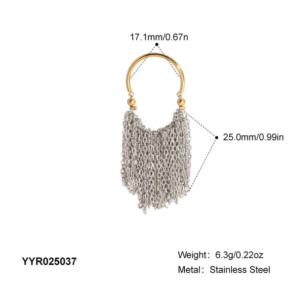 Wholesale Luxury High Grade Stainless Steel Gold And Silver Color Block Chain Tassel Ring Jewelry With Pvd Furnace Vacuum Real Gold Plating And Geometric Shape