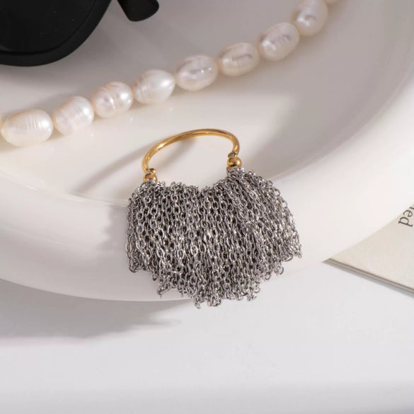 Wholesale Luxury High Grade Stainless Steel Gold And Silver Color Block Chain Tassel Ring Jewelry With Pvd Furnace Vacuum Real Gold Plating And Geometric Shape