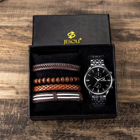 Wholesale Luxury Quartz Watch Gift Set For Men With Alloy Case Imitation Leather Strap And Stainless Steel Clasp In Round Shape And Leisure Style