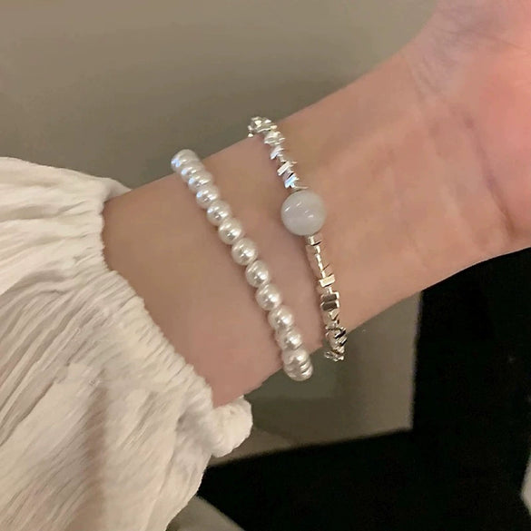 Wholesale Luxury Silver Bracelet With Imitation Pearls And Geometric Zirconia For Women