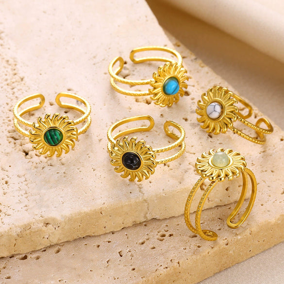 Wholesale Luxury Turquoise Natural Stone Ring In Titanium Steel With Electroplating French Retro Style Unisex