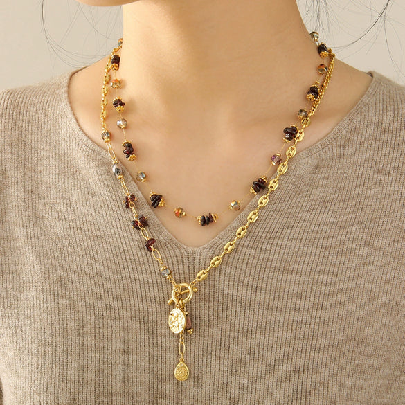 Wholesale Maillard Retro Autumn And Winter Natural Garnet Crystal Beaded Handmade Geometric Necklace With Copper And Woolen Chain