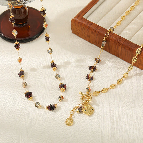 Wholesale Maillard Retro Autumn And Winter Natural Garnet Crystal Beaded Handmade Geometric Necklace With Copper And Woolen Chain