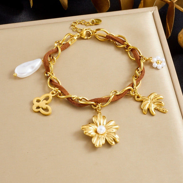 Wholesale Maillard Style Gold Electroplated Hollow Butterfly Flower Coconut Tree Pendant Stainless Steel Bracelet For Women