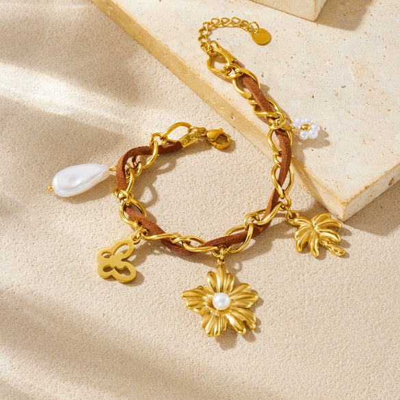 Wholesale Maillard Style Gold Electroplated Hollow Butterfly Flower Coconut Tree Pendant Stainless Steel Bracelet For Women