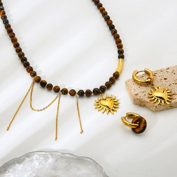 Wholesale Maillard Style Gold Plated Stainless Steel Heart Geometric Beaded Chain Pendant Necklace And Earrings Jewelry For Women
