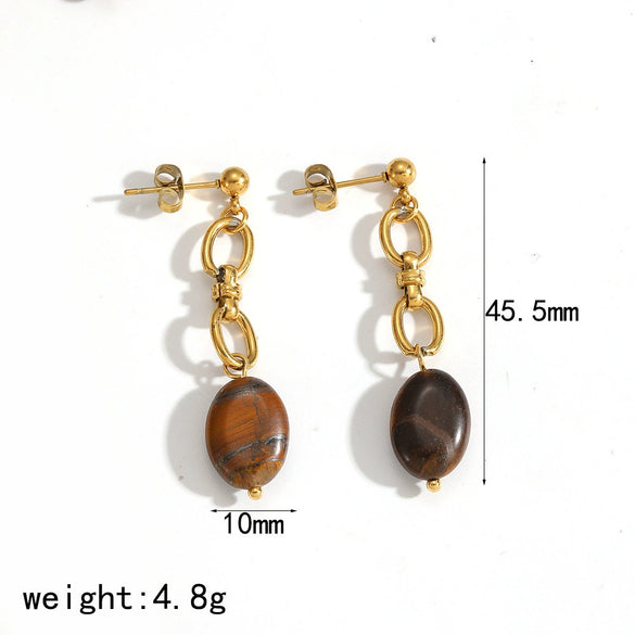 Wholesale Maillard Style Heart Shape Stainless Steel Plastic Resin Tiger Eye Stone Tassel Pvd Furnace Vacuum Real Gold Plated Earrings For Women