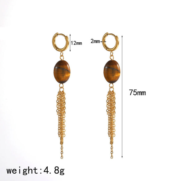 Wholesale Maillard Style Heart Shape Stainless Steel Plastic Resin Tiger Eye Stone Tassel Pvd Furnace Vacuum Real Gold Plated Earrings For Women