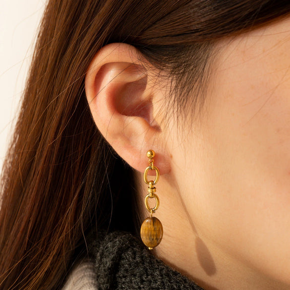 Wholesale Maillard Style Neutral Geometric Tiger Eye Natural Stone Tassel Earrings For Women Stainless Steel 18K Gold Plated Electroplated