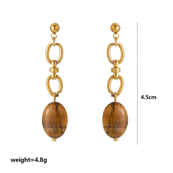 Wholesale Maillard Style Neutral Geometric Tiger Eye Natural Stone Tassel Earrings For Women Stainless Steel 18K Gold Plated Electroplated