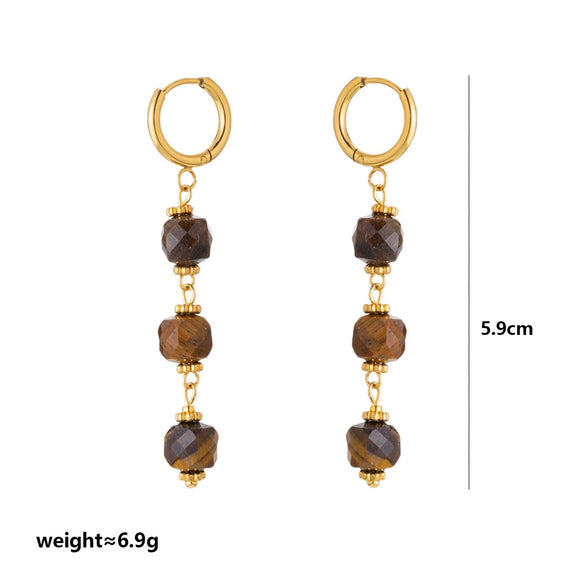 Wholesale Maillard Style Neutral Geometric Tiger Eye Natural Stone Tassel Earrings For Women Stainless Steel 18K Gold Plated Electroplated