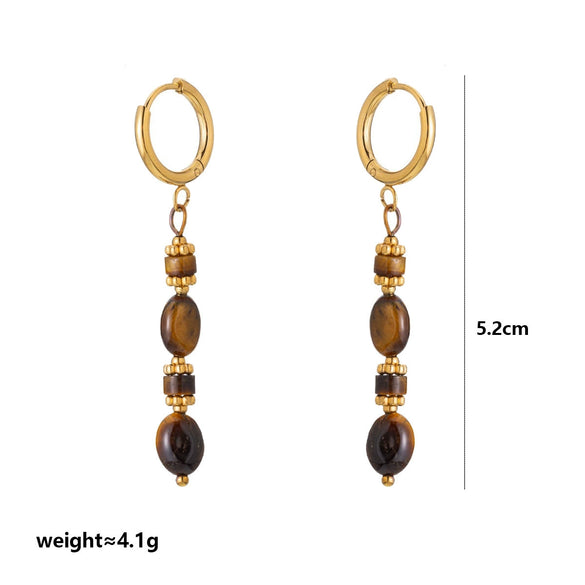 Wholesale Maillard Style Neutral Geometric Tiger Eye Natural Stone Tassel Earrings For Women Stainless Steel 18K Gold Plated Electroplated