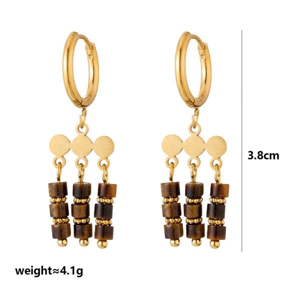 Wholesale Maillard Style Neutral Geometric Tiger Eye Natural Stone Tassel Earrings For Women Stainless Steel 18K Gold Plated Electroplated