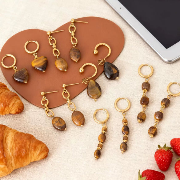 Wholesale Maillard Style Neutral Geometric Tiger Eye Natural Stone Tassel Earrings For Women Stainless Steel 18K Gold Plated Electroplated