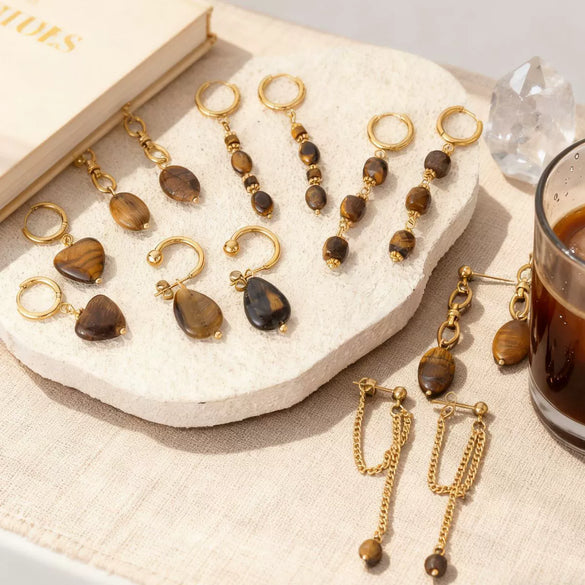 Wholesale Maillard Style Neutral Geometric Tiger Eye Natural Stone Tassel Earrings For Women Stainless Steel 18K Gold Plated Electroplated