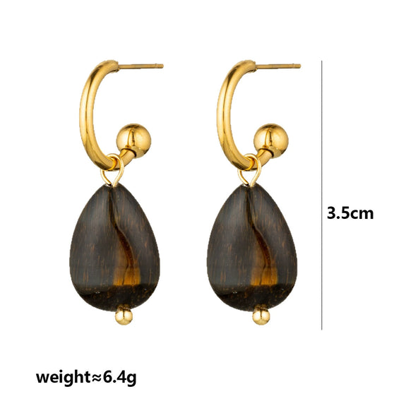 Wholesale Maillard Style Neutral Geometric Tiger Eye Natural Stone Tassel Earrings For Women Stainless Steel 18K Gold Plated Electroplated