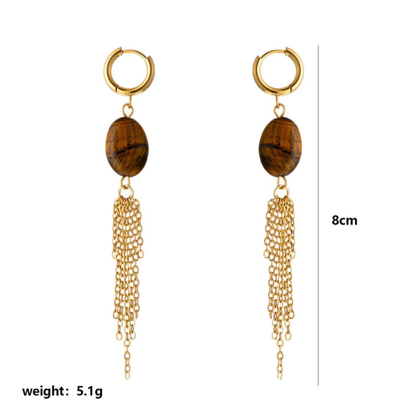 Wholesale Maillard Style Neutral Geometric Tiger Eye Natural Stone Tassel Earrings For Women Stainless Steel 18K Gold Plated Electroplated
