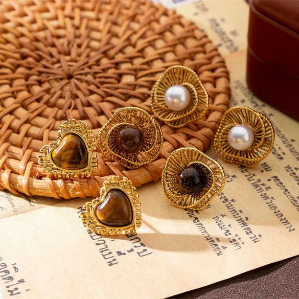 Wholesale Maillard Style Stainless Steel Electroplated Real Gold Plated Flower Letter Number Text Shaped Earrings For Unisex