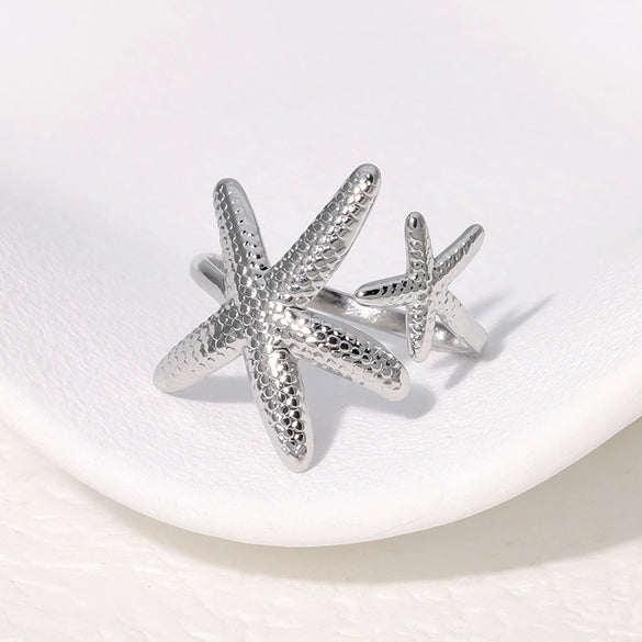 Wholesale Marine Elements Beach Starfish Stainless Steel Opening Ring With Electroplating For Women
