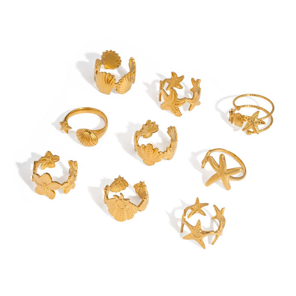 Wholesale Marine Elements High End Sense Stainless Steel Opening Ring With Star And Flower Pattern Pvd Vacuum Real Gold Electroplated Waterproof For Women