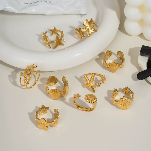 Wholesale Marine Elements High End Sense Stainless Steel Opening Ring With Star And Flower Pattern Pvd Vacuum Real Gold Electroplated Waterproof For Women