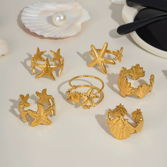 Wholesale Marine Elements High End Sense Stainless Steel Opening Ring With Star And Flower Pattern Pvd Vacuum Real Gold Electroplated Waterproof For Women