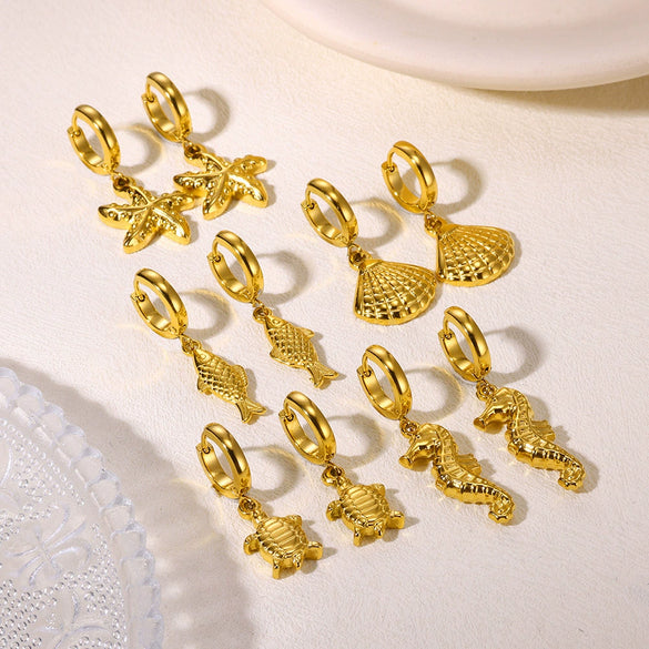 Wholesale Marine Life Series Seaside Beach Wind Earrings With Starfish Conch Dolphin Seahorse Octopus Stainless Steel Electroplated