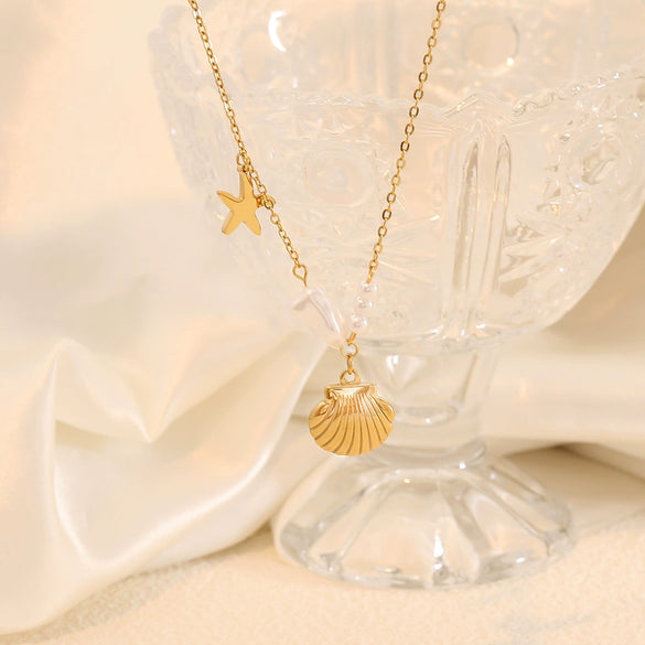 Wholesale Marine Series Shell Starfish Fashion Pearl Fishtail Stainless Steel Clavicle Necklace With O Chain And Electroplating