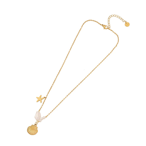 Wholesale Marine Series Shell Starfish Fashion Pearl Fishtail Stainless Steel Clavicle Necklace With O Chain And Electroplating