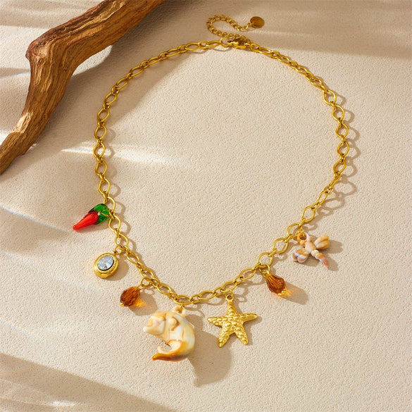 Wholesale Marine Series Stainless Steel Necklace With Dolphin Starfish Dragonfly Animal Zodiac Pendant Electroplated O Word Chain For Women